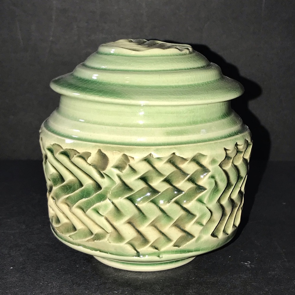 Art Pottery Container Art Deco Sage Light Green Textured Artist Signed